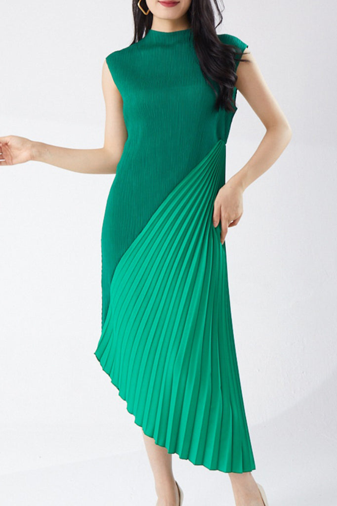 Designer Inspired Pleated Asymmetrical Sleeveless Midi Dress Prairie Green / One Size (Flexible fit for US 0–10 Fibflx