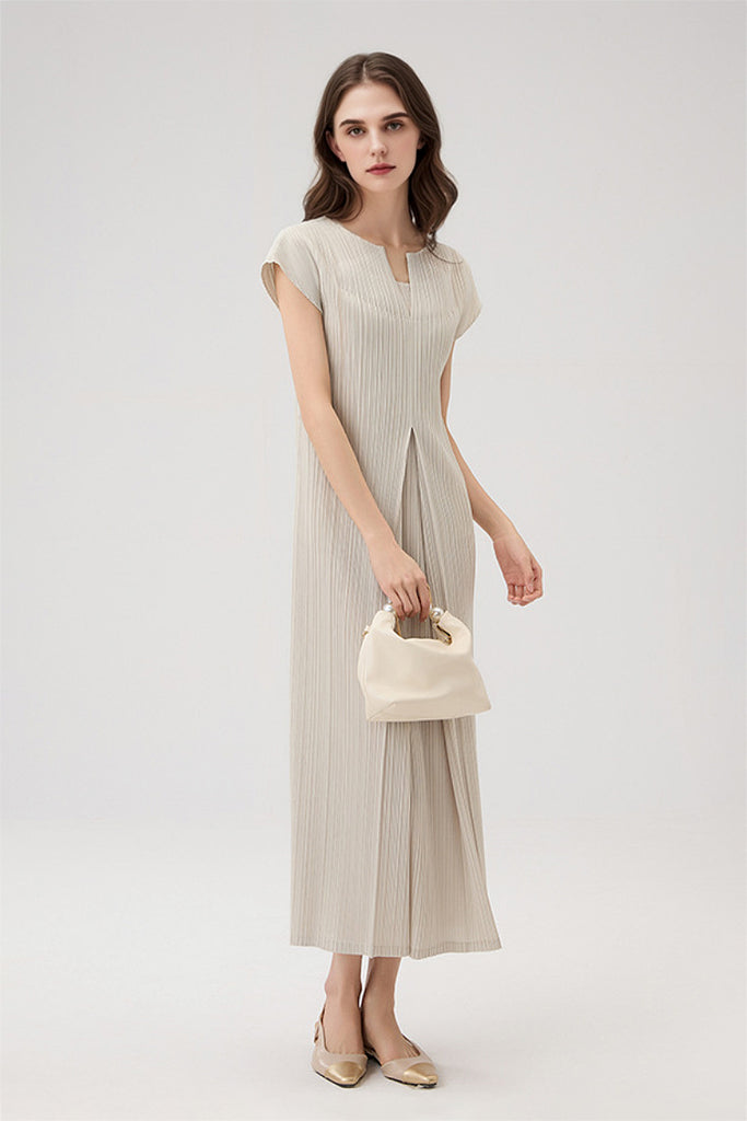 Designer Inspired Pleated Cap-Sleeve Midi Dress  Fibflx