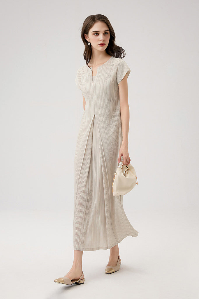 Designer Inspired Pleated Cap-Sleeve Midi Dress  Fibflx