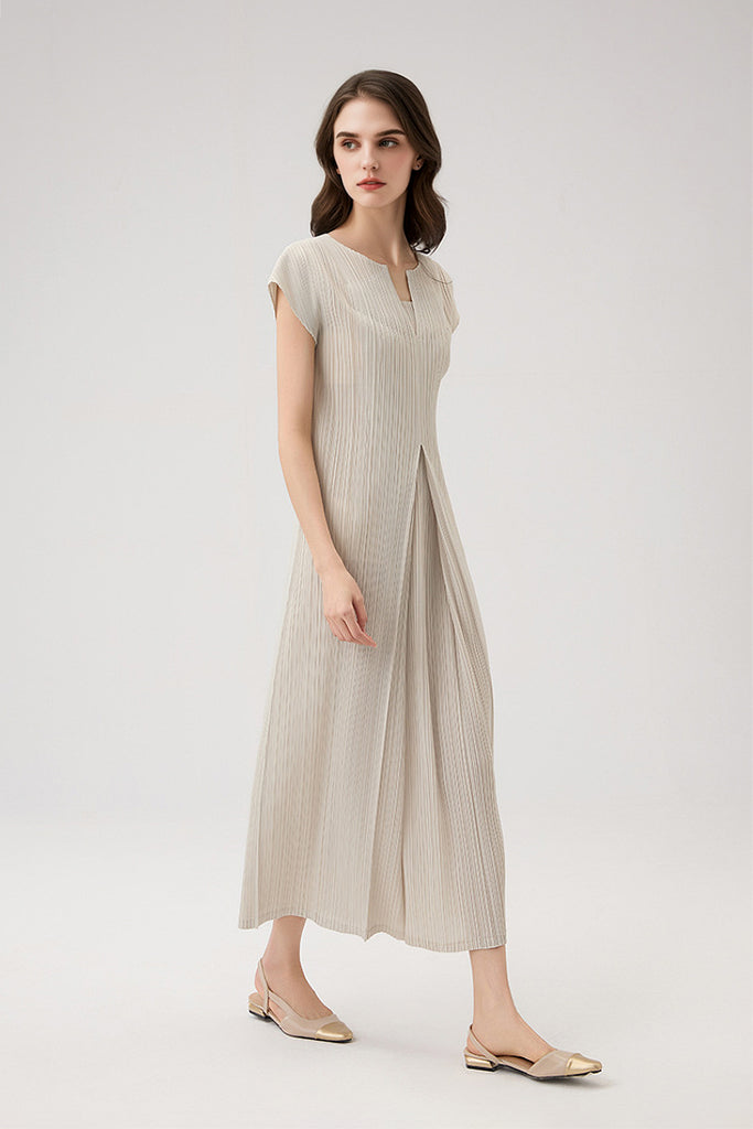Designer Inspired Pleated Cap-Sleeve Midi Dress  Fibflx