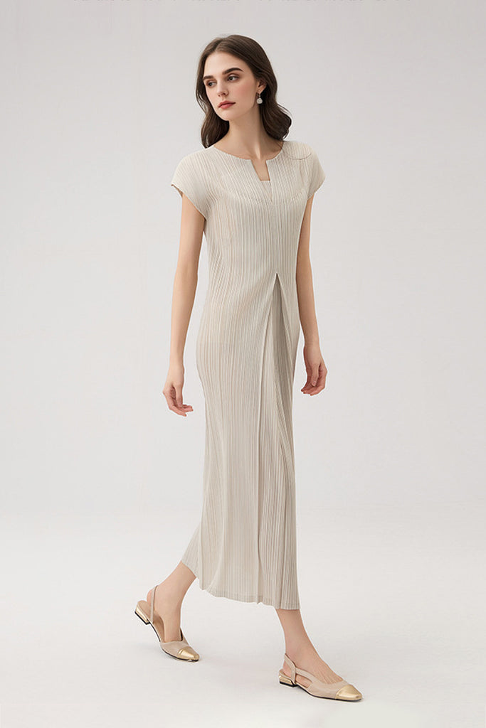 Designer Inspired Pleated Cap-Sleeve Midi Dress  Fibflx