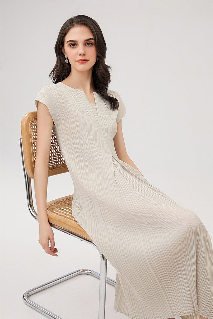 Designer Inspired Pleated Cap-Sleeve Midi Dress  Fibflx