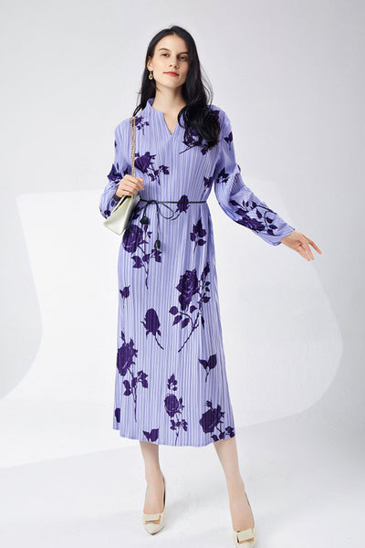 Designer Inspired Pleated Floral Long-Sleeve Midi Dress Lilac Purple / One Size (Flexible fit for US 0–10)