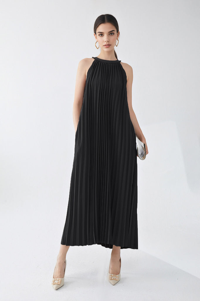 Designer Inspired Pleated Flowy Halter-Neck Midi Dress in Black - Fibflx