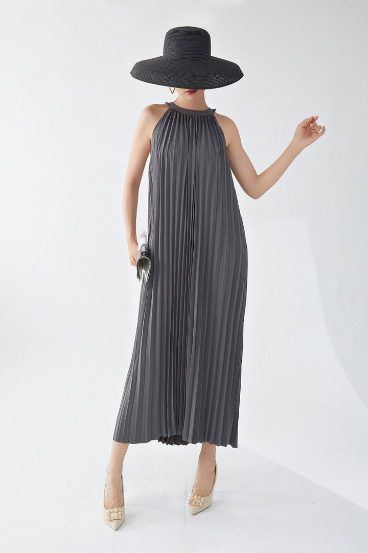Designer Inspired Pleated Flowy Halter-Neck Midi Dress in Grey