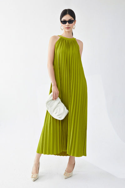 Designer Inspired Pleated Flowy Halter-Neck Midi Dress in Lime Green