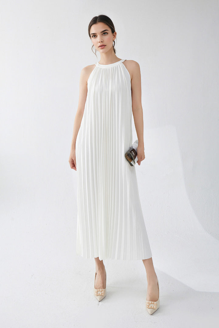 Designer Inspired Pleated Flowy Halter-Neck Midi Dress in White