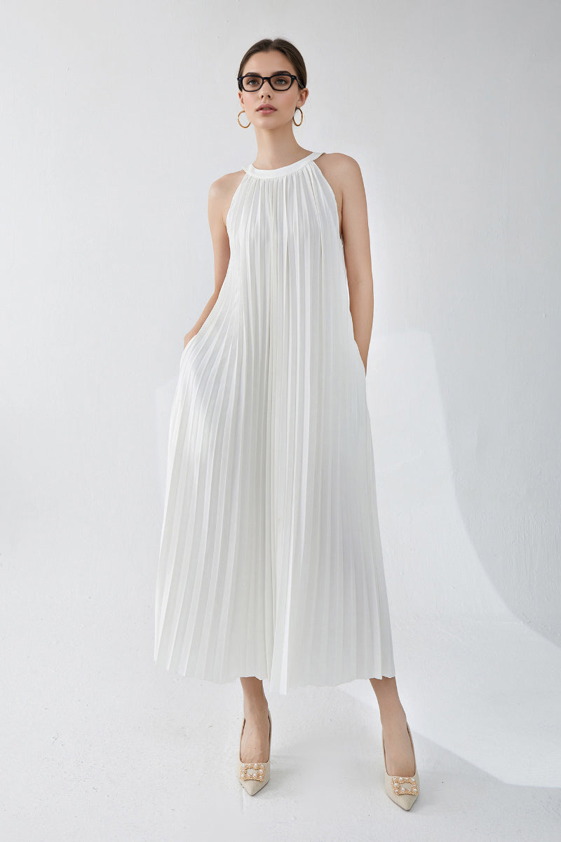 white flowy halter dress Designer Inspired Pleated Halter-Neck Midi in Size:USA 18 (XXXXL)/50 in.(127 cm)Garment Chest or sunset dinners by VOUIAO Women Plus Size 9-11-25