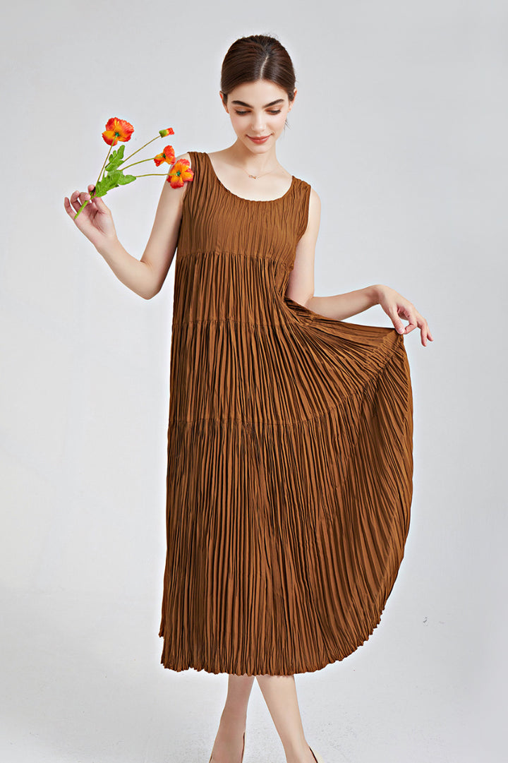 Designer Inspired Pleated Flowy Sleeveless Midi Dress ChocolateBrown / One Size (Flexible fit for US 0-10)