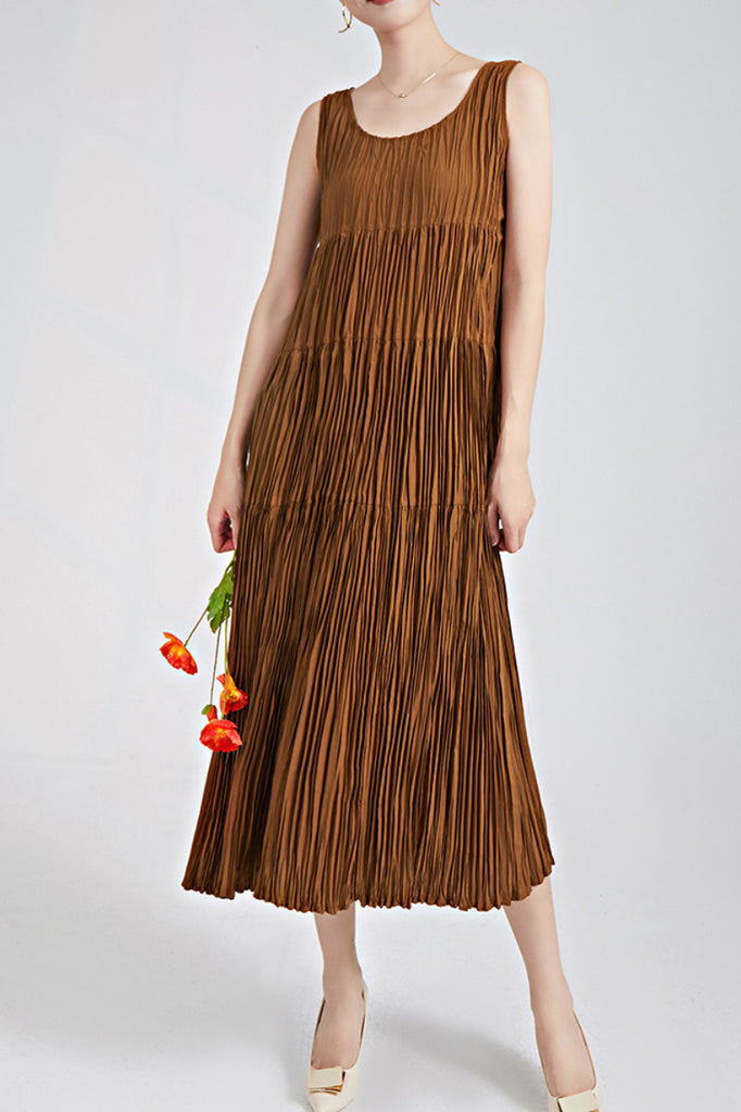 Designer Inspired Pleated Flowy Sleeveless Midi Dress  Fibflx