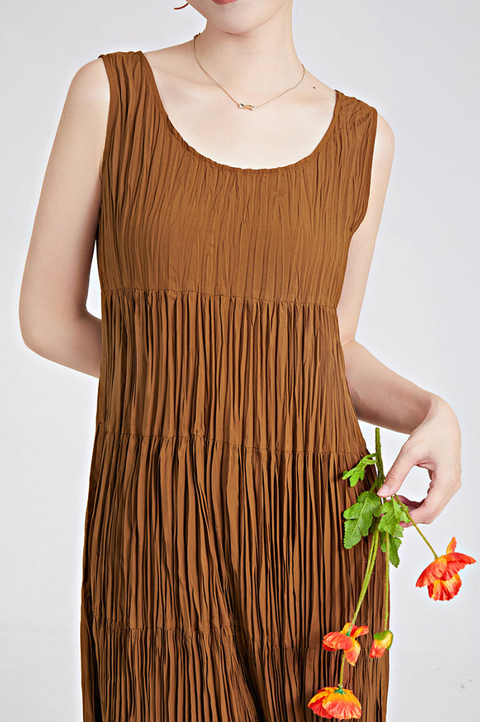 Designer Inspired Pleated Flowy Sleeveless Midi Dress  Fibflx