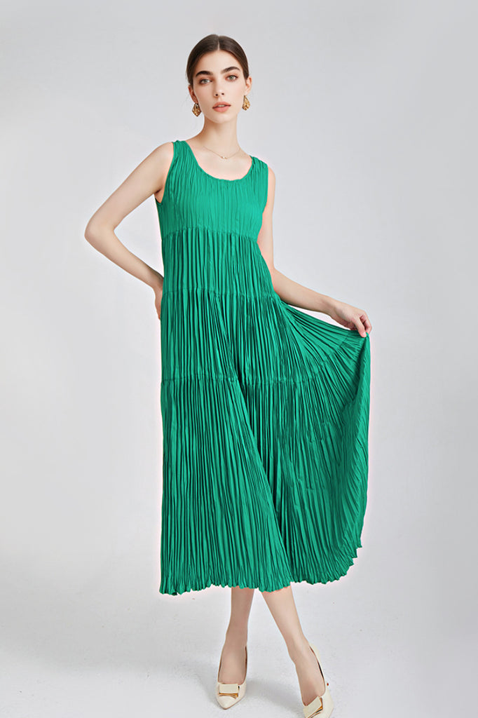 Designer Inspired Pleated Flowy Sleeveless Midi Dress in Emerald Green - Fibflx