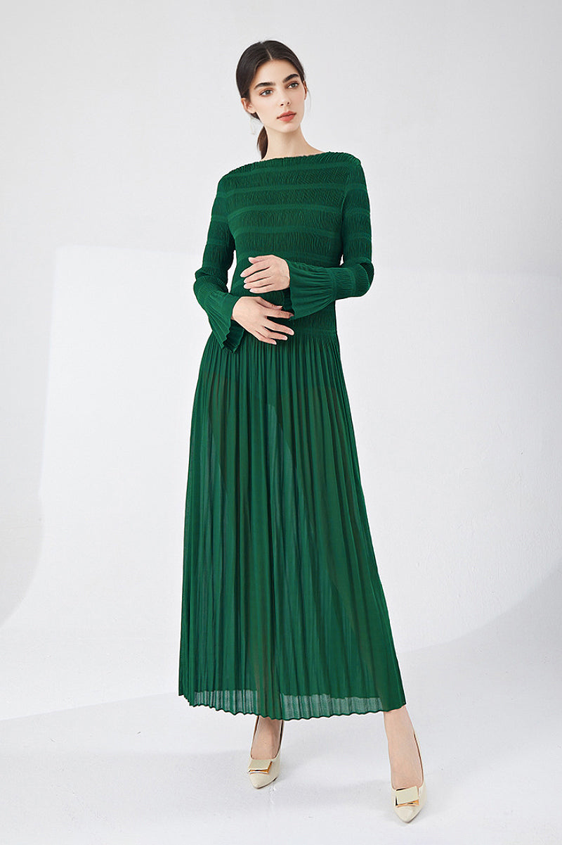 Designer Inspired Pleated Long Sleeve Smocked Maxi Dress in Emerald Green