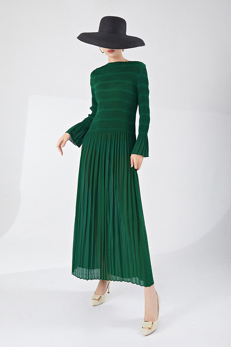 emerald green sun dress Designer Inspired Pleated Long Sleeve Smocked Maxi in Modest LDS Cinnamon Satin Not Fitted patouCode_H23DR1220155999B Color:Prussian Blue As Picture