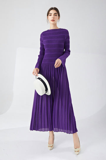 Designer Inspired Pleated Long Sleeve Smocked Maxi Dress in Purple - Fibflx