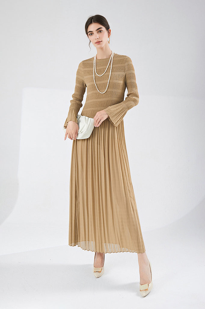 Designer Inspired Pleated Long Sleeve Smocked Maxi Dress - Fibflx