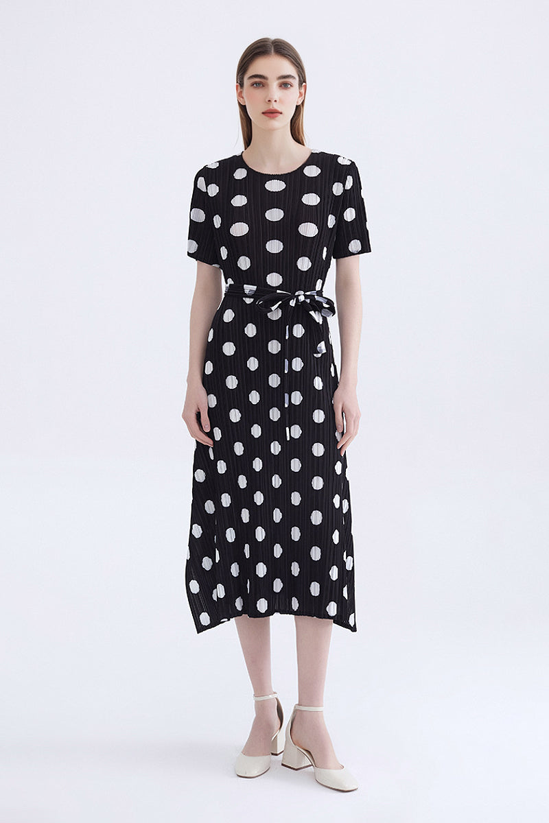 Designer Inspired Pleated Polka Dot Midi Dress