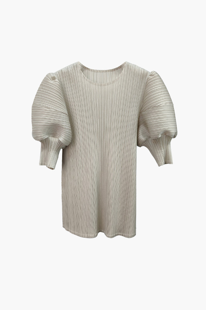 Designer Inspired Pleated Puff-Sleeve Top Almond Beige / One Size (Flexible fit for US 0–6) Fibflx