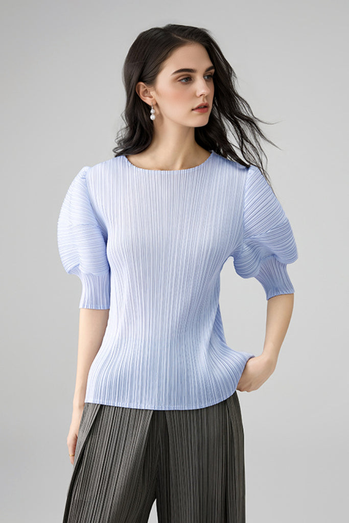 Designer Inspired Pleated Puff-Sleeve Top  Fibflx