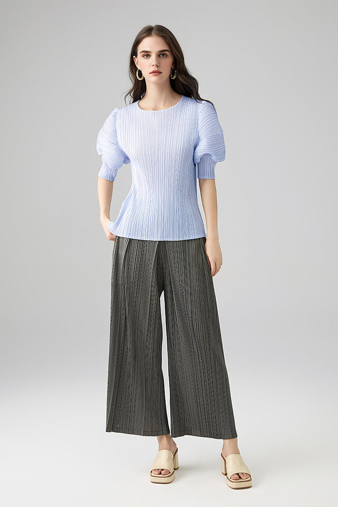 Designer Inspired Pleated Puff-Sleeve Top  Fibflx