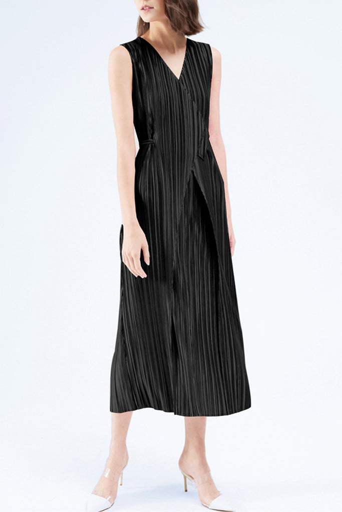 Designer Inspired Pleated Sleeveless Midi Wrap Dress  Fibflx
