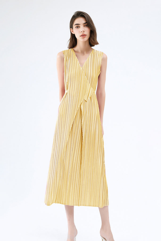 Designer Inspired Pleated Sleeveless Wrap Midi Dress in Yellow - Fibflx