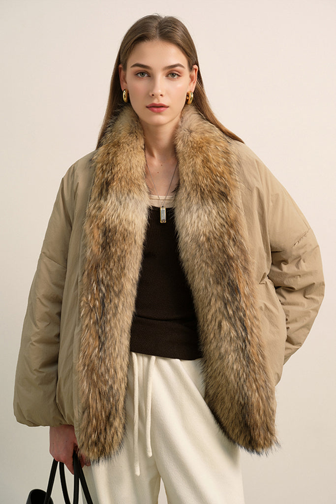 Detachable Real Fur Parka Jacket with 90 White Goose Down Puffer Milktea / M Fibflx