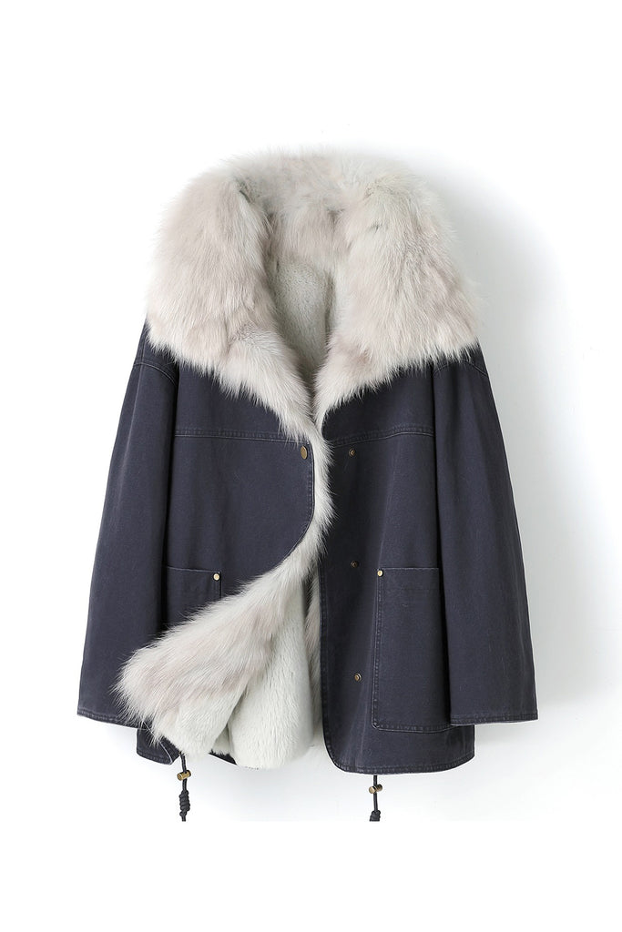 Detachable Rex Rabbit Fur Parka Jacket with Fox Fur Collar  Fibflx