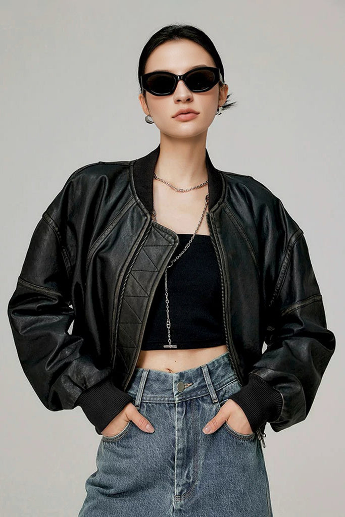 Distressed Lambskin Leather Cropped Bomber Jacket Black / L Fibflx