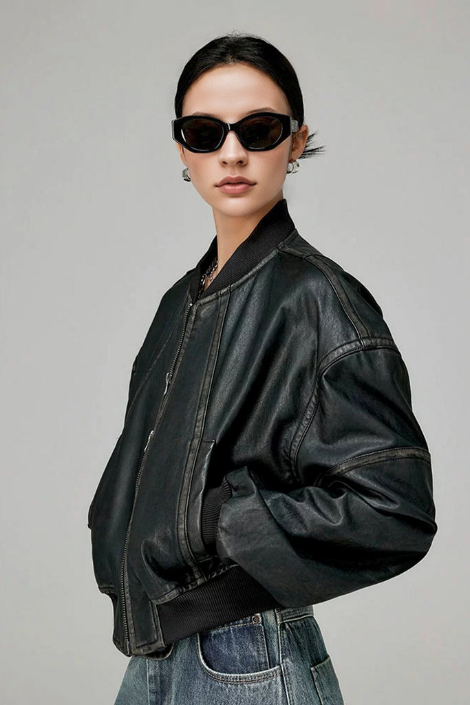 Distressed Lambskin Leather Cropped Bomber Jacket  Fibflx