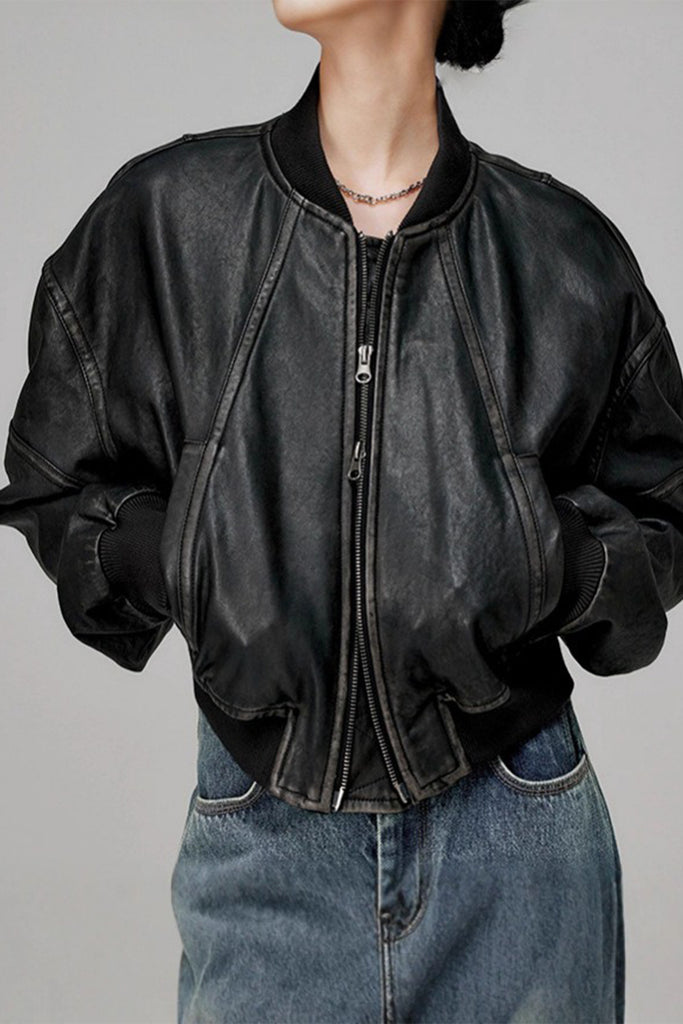Distressed Lambskin Leather Cropped Bomber Jacket  Fibflx