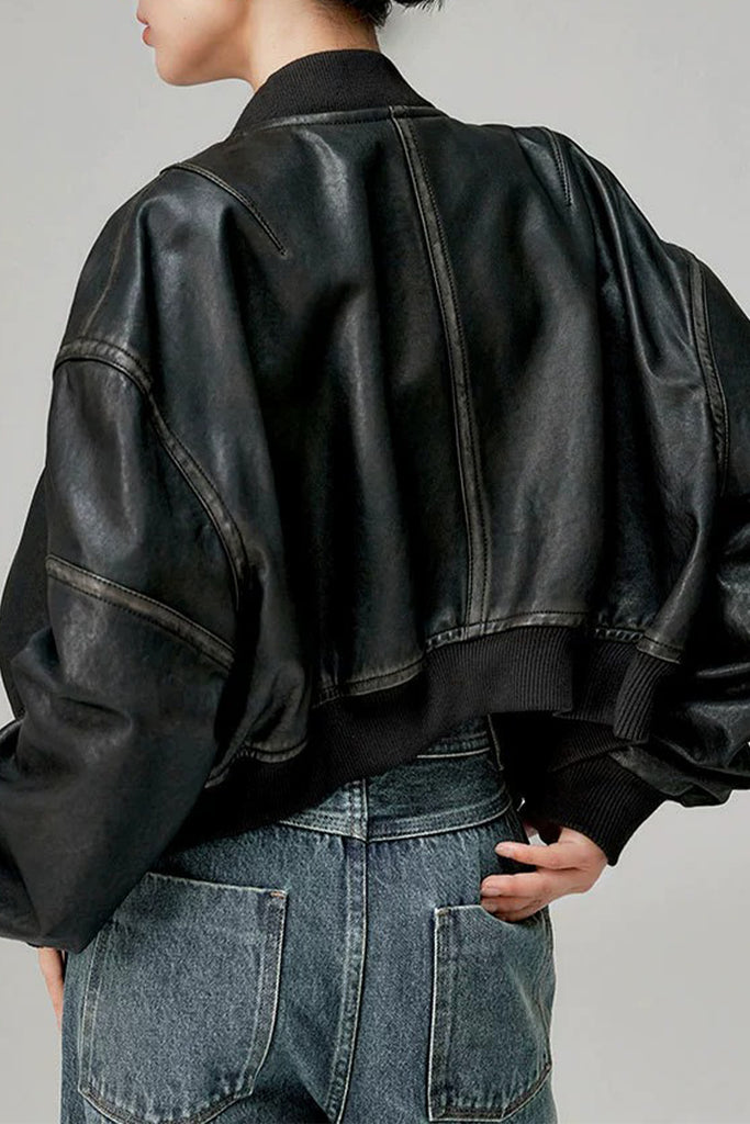 Distressed Lambskin Leather Cropped Bomber Jacket  Fibflx