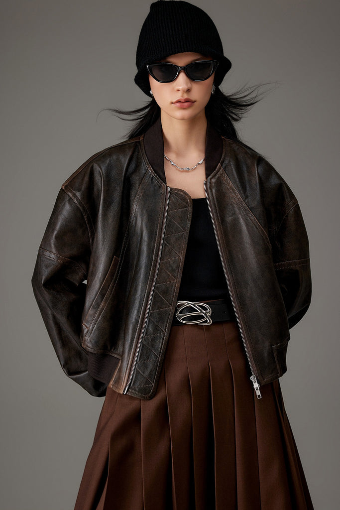 Distressed Lambskin Leather Cropped Bomber Jacket Dark Brown / L Fibflx