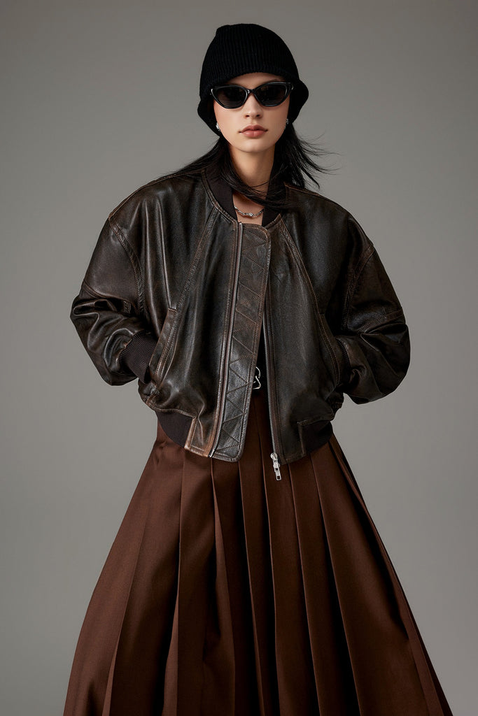 Distressed Lambskin Leather Cropped Bomber Jacket  Fibflx