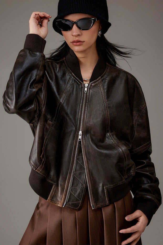 Distressed Lambskin Leather Cropped Bomber Jacket  Fibflx