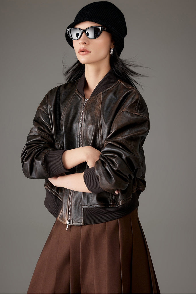 Distressed Lambskin Leather Cropped Bomber Jacket  Fibflx