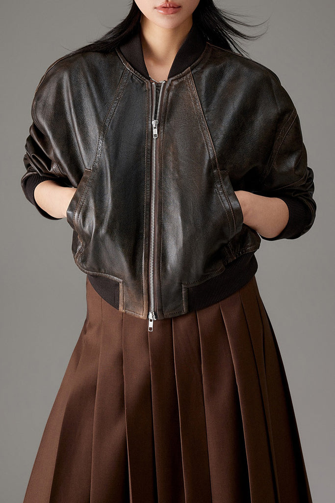 Distressed Lambskin Leather Cropped Bomber Jacket  Fibflx