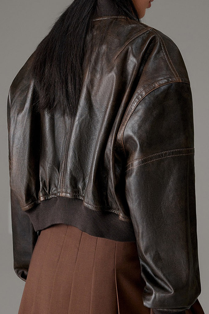 Distressed Lambskin Leather Cropped Bomber Jacket  Fibflx