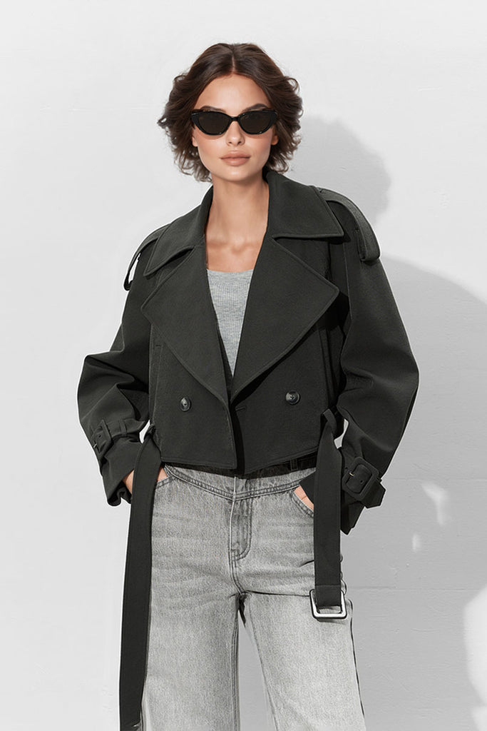 Fibflx Women's Double-Breasted Cropped Trench Coat with Belt