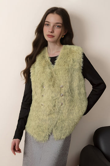 Fibflx Women's Double Breasted Faux Fur Vest