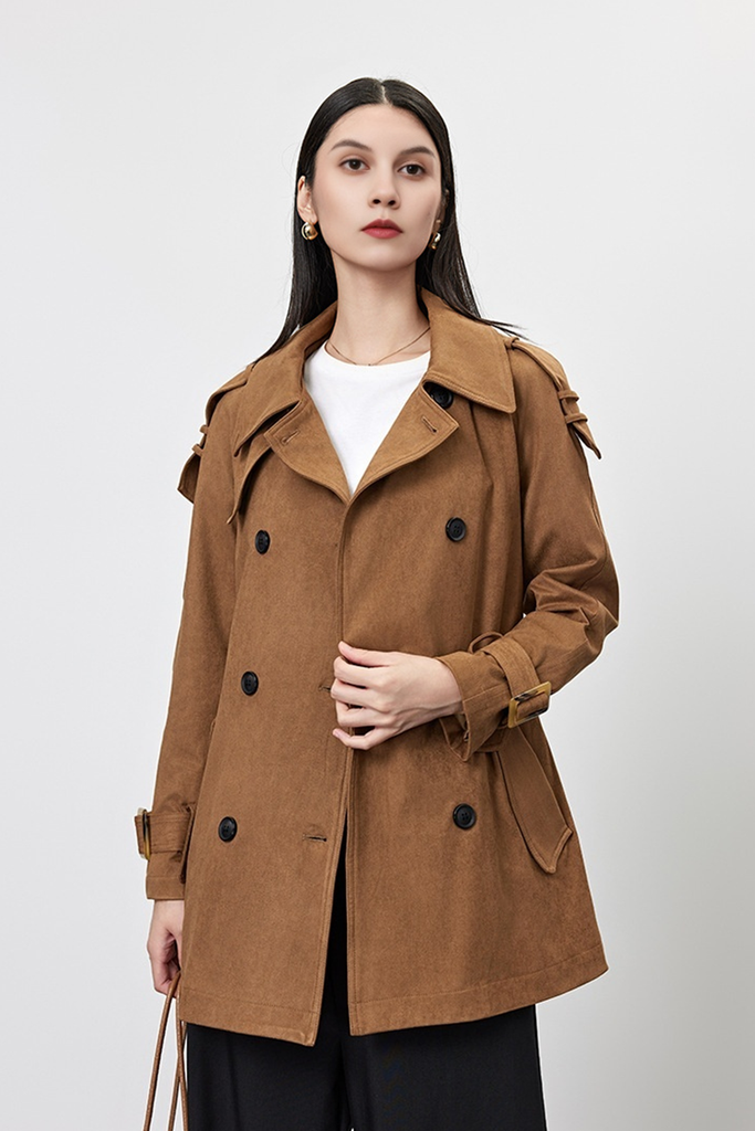 Fibflx Women's Double Breasted Mid Length Belted Suede Trench Coat