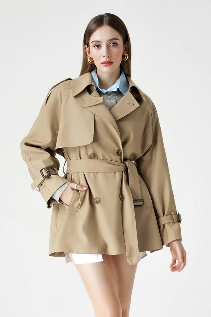 Fibflx Women's Double Breasted Short Trench Coat with Belt