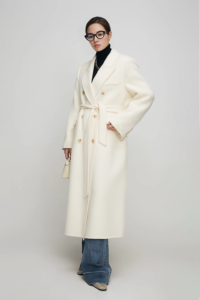 Fibflx Women's Double-Faced & Double-Breasted Long Wool Coat with Notched Lapel