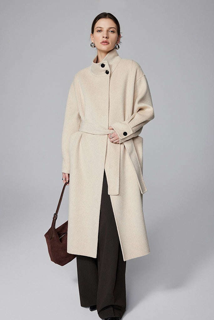 Double-Faced Wool-Cashmere Funnel Neck Belted Coat  Fibflx