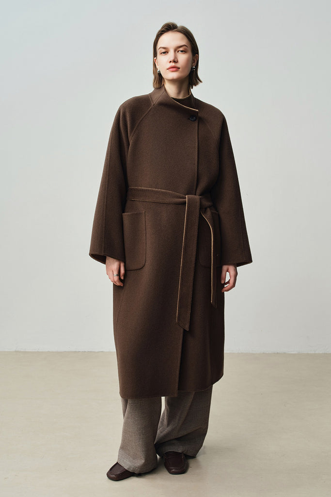 Double-Faced Wool-Cashmere Long Funnel Neck Coat  Fibflx