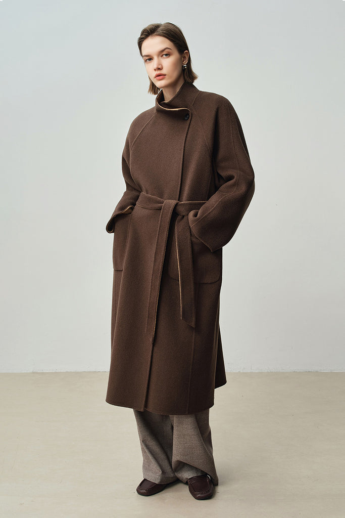 Double-Faced Wool-Cashmere Long Funnel Neck Coat  Fibflx