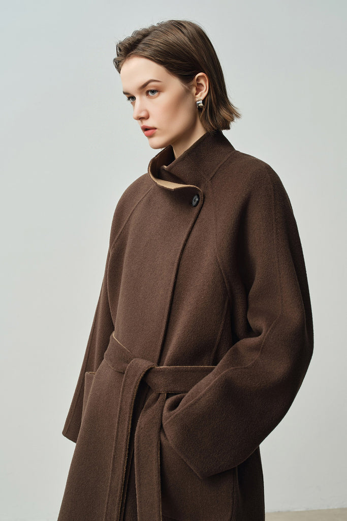 Double-Faced Wool-Cashmere Long Funnel Neck Coat  Fibflx