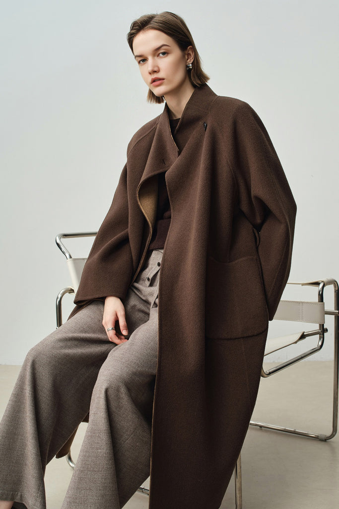 Double-Faced Wool-Cashmere Long Funnel Neck Coat  Fibflx