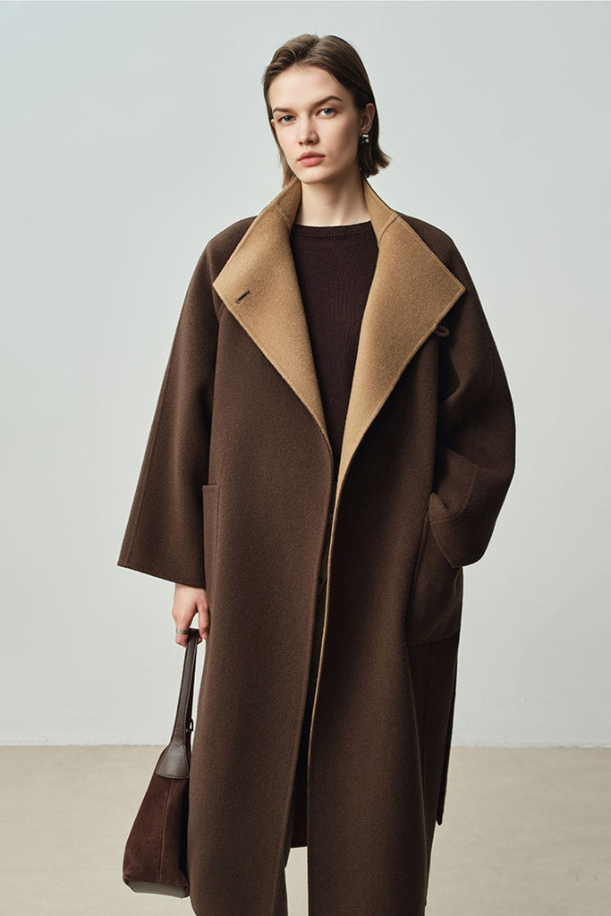 Double-Faced Wool-Cashmere Long Funnel Neck Coat  Fibflx