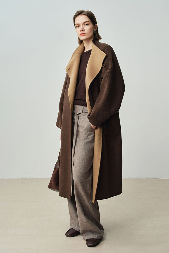 Double-Faced Wool-Cashmere Long Funnel Neck Coat  Fibflx